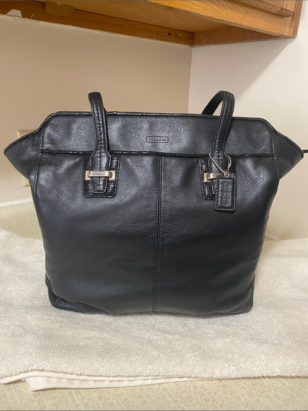 Coach Black Leather Tote with Signature Tag and Silver Hardware